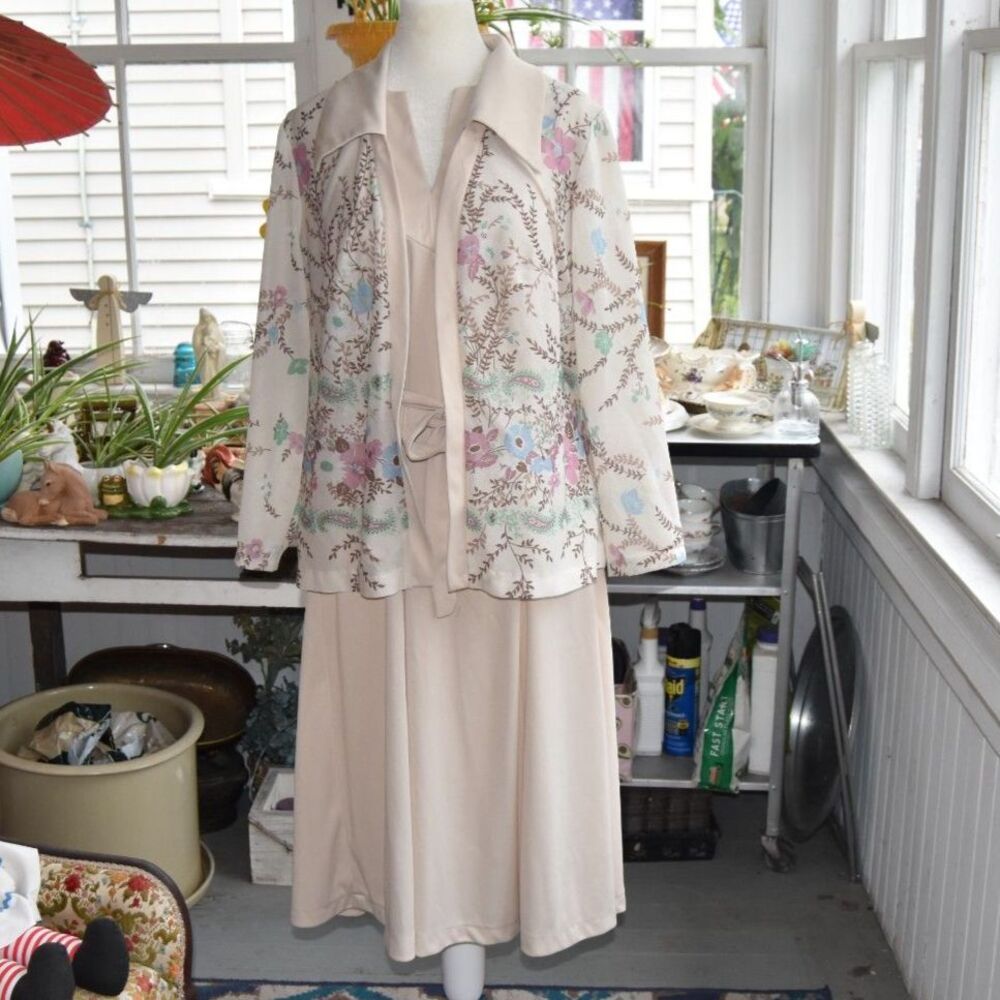Vintage 70s Beige Maxi Dress Floral Jacket 2 Piece Belted Size Medium